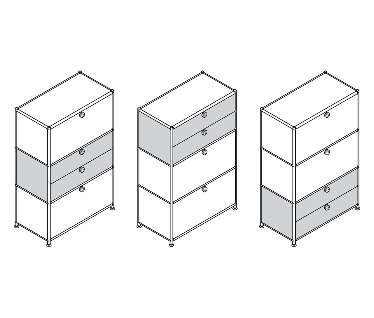Három »CN3« fém komód látható 2 lenyíló ajtóval és 2 fiókkal, fehér, szürke és szürkésbarna színben.