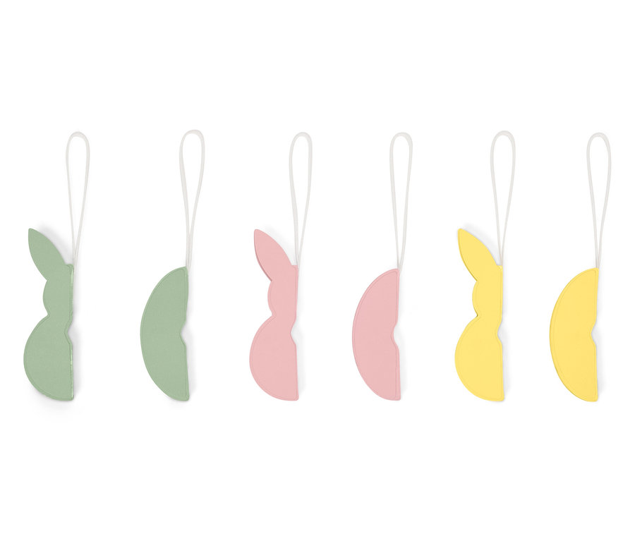 Hat függő, pasztell színű nyuszi húsvéti dísz zöld, rózsaszín és sárga színben.