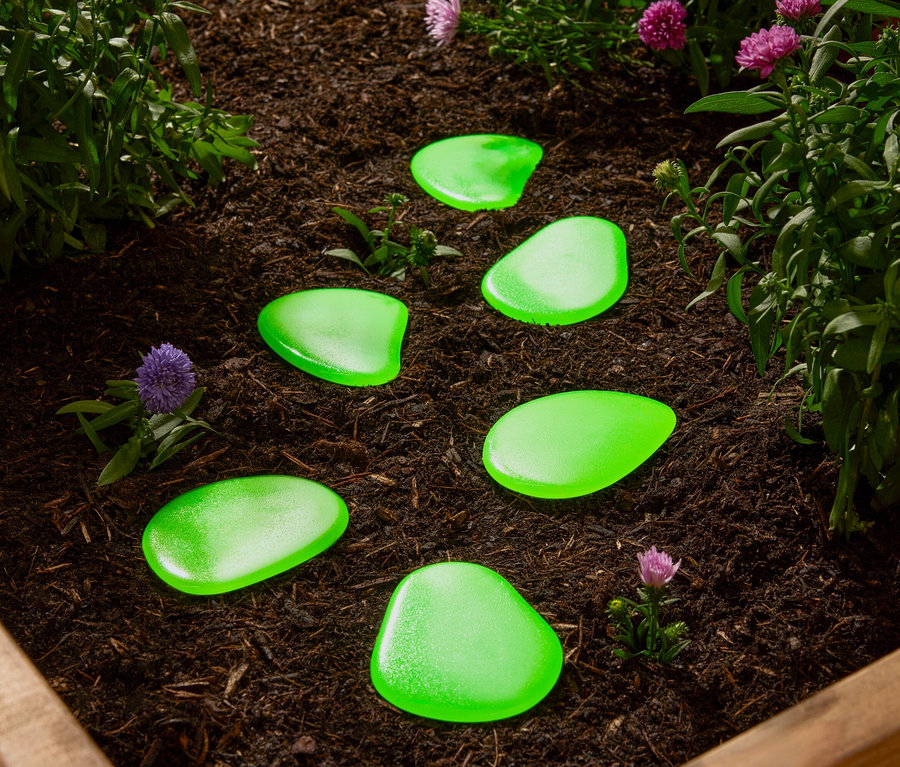 Zöld dekoratív kövek fekszenek a virágágyásban a növények között.