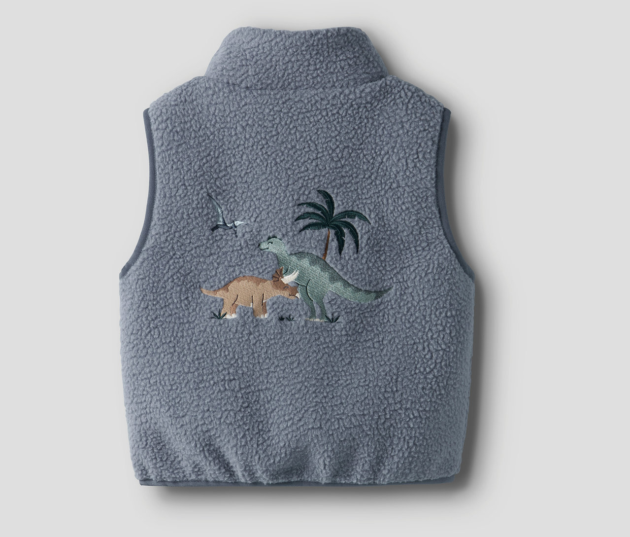 Szürke NAME IT Teddy mellény dinoszaurusz és pálmafa hímzéssel.