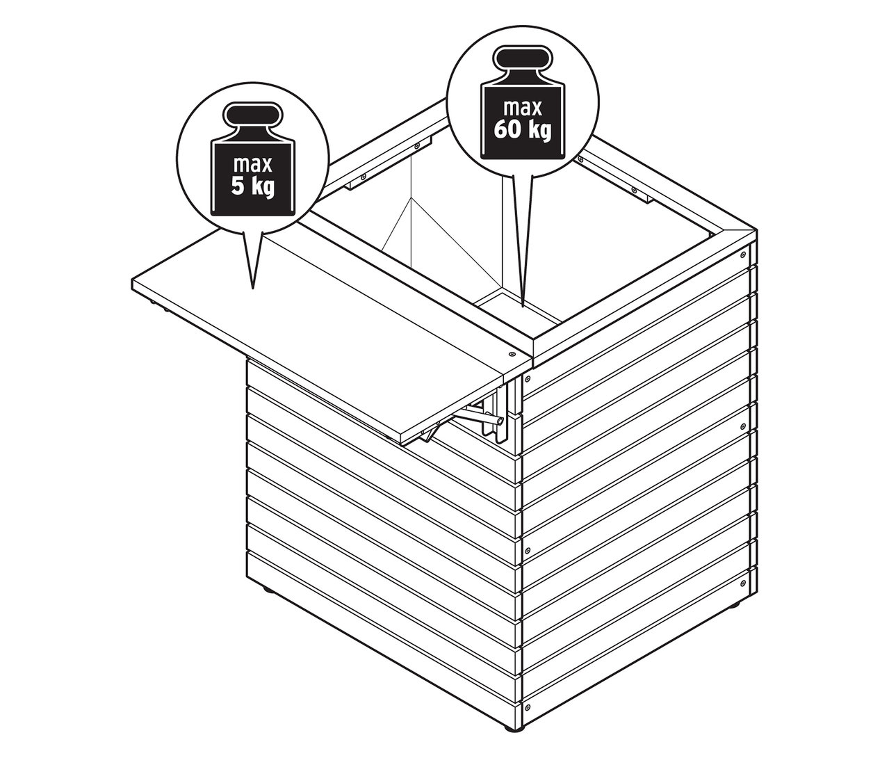 A képen egy »Tinus« ültetőláda látható felhajtható asztallappal. Az asztal nyitva van. Az asztal maximális terhelhetősége 5 kg, a ládáé 60 kg.