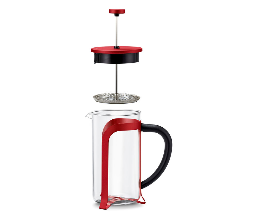 Egy piros, 800 ml-es, 6 csészés dugattyús kávéfőző szétszerelt állapotban.