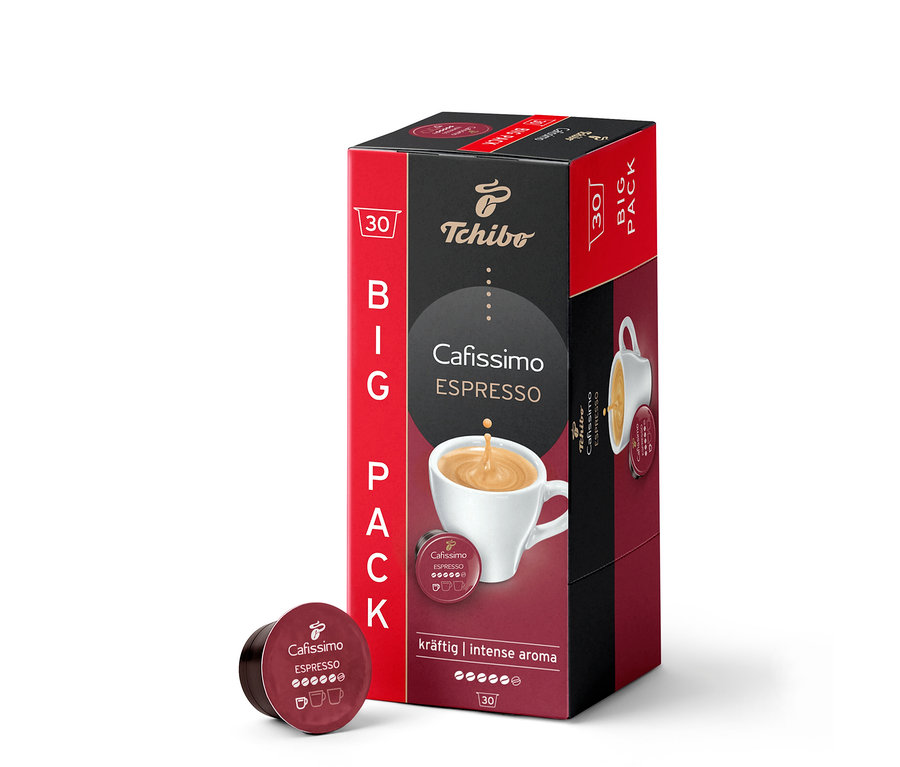 Egy piros-fekete Espresso Intense 30 db-os kávékapszula doboz, melyen egy fehér eszpresszóscsésze látható, egyetlen sötétvörös kapszula mellett áll.