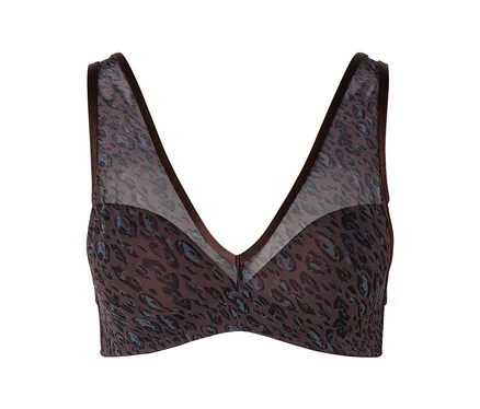 Barna bralette kék és sötétbarna foltokkal díszített leopárdmintával. Mély V-nyakkivágással és átlátszó hálós anyaggal rendelkezik a kosarak felső részén.