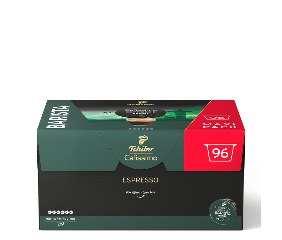 Sötétzöld és piros Tchibo Cafissimo BARISTA Espresso kávékapszula doboz, „96 MAXI PACK” és „intense | hints of nut” felirattal.