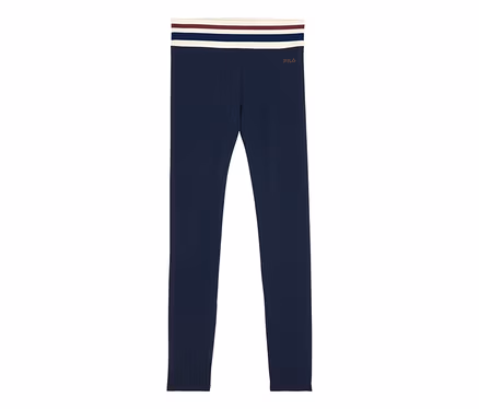 Sötétkék bordázott leggings csíkos derékrésszel és FILA logóval.