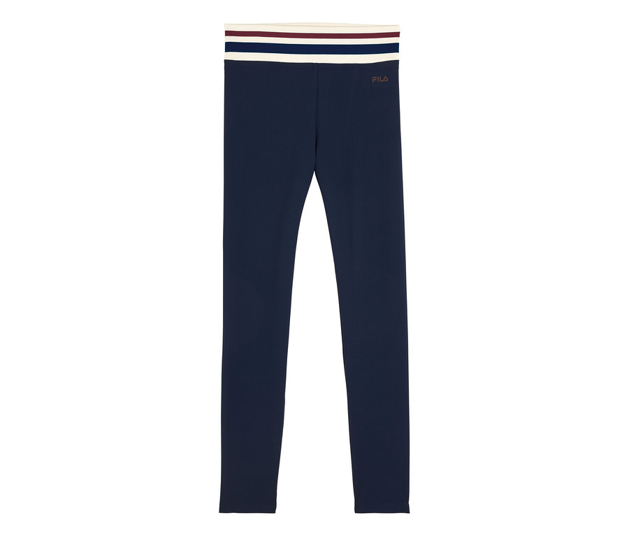Sötétkék bordázott leggings csíkos derékrésszel és FILA logóval.
