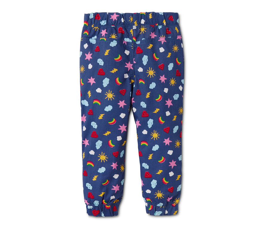 Kék, mintás szabadidőnadrág.