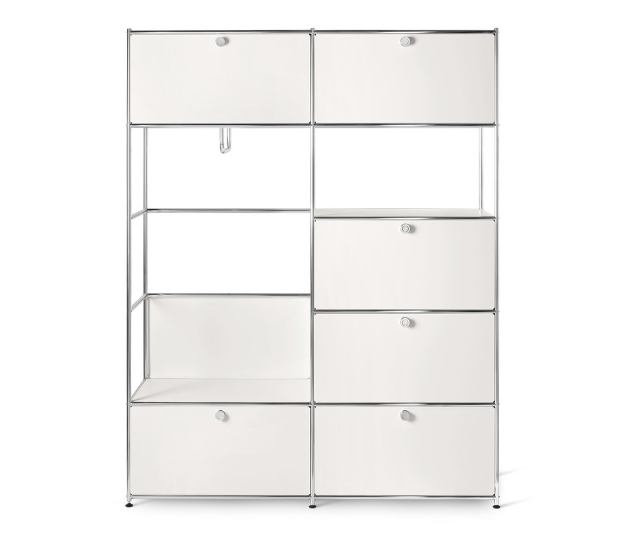 Fehér fém nyitott ruhásszekrény »CN3« polcokkal és fiókokkal.