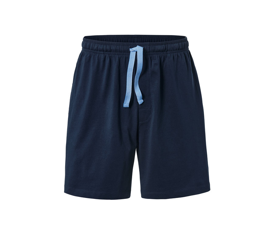 Egy sötétkék rövidnadrágos pizsama világoskék húzózsinórral.