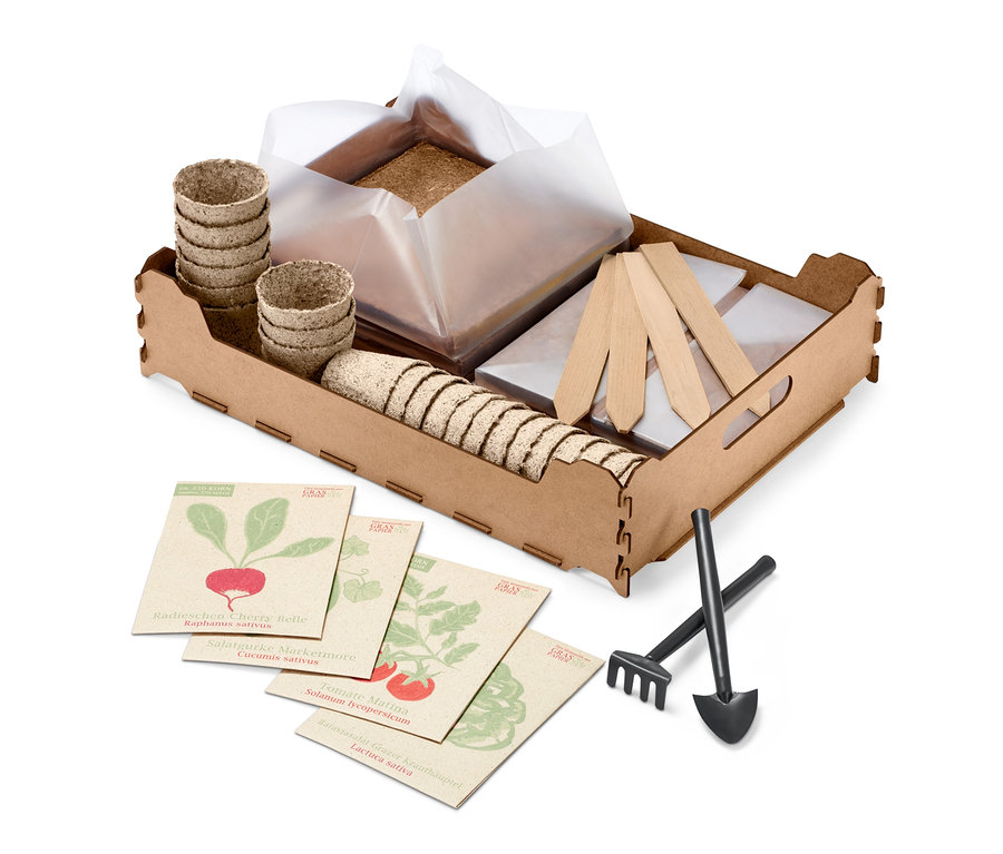 Beltéri zöldségtermesztő készlet cserepekkel, magokkal és eszközökkel.