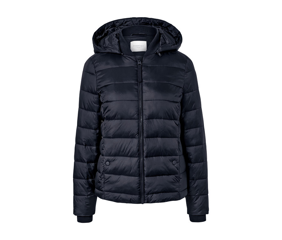 Sötétkék, kapucnis, cipzáros steppelt kabát.