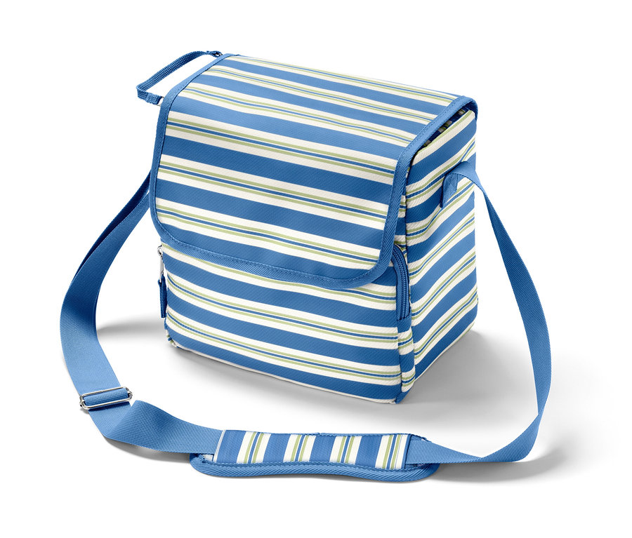 Kék-fehér csíkos mini hűtőtáska.