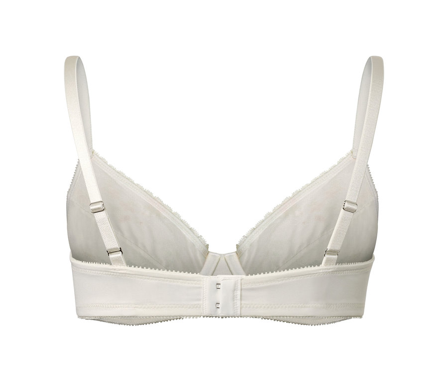 Egy krémszínű, merevítős, csipkés melltartó részletgazdag hátsó nézete.