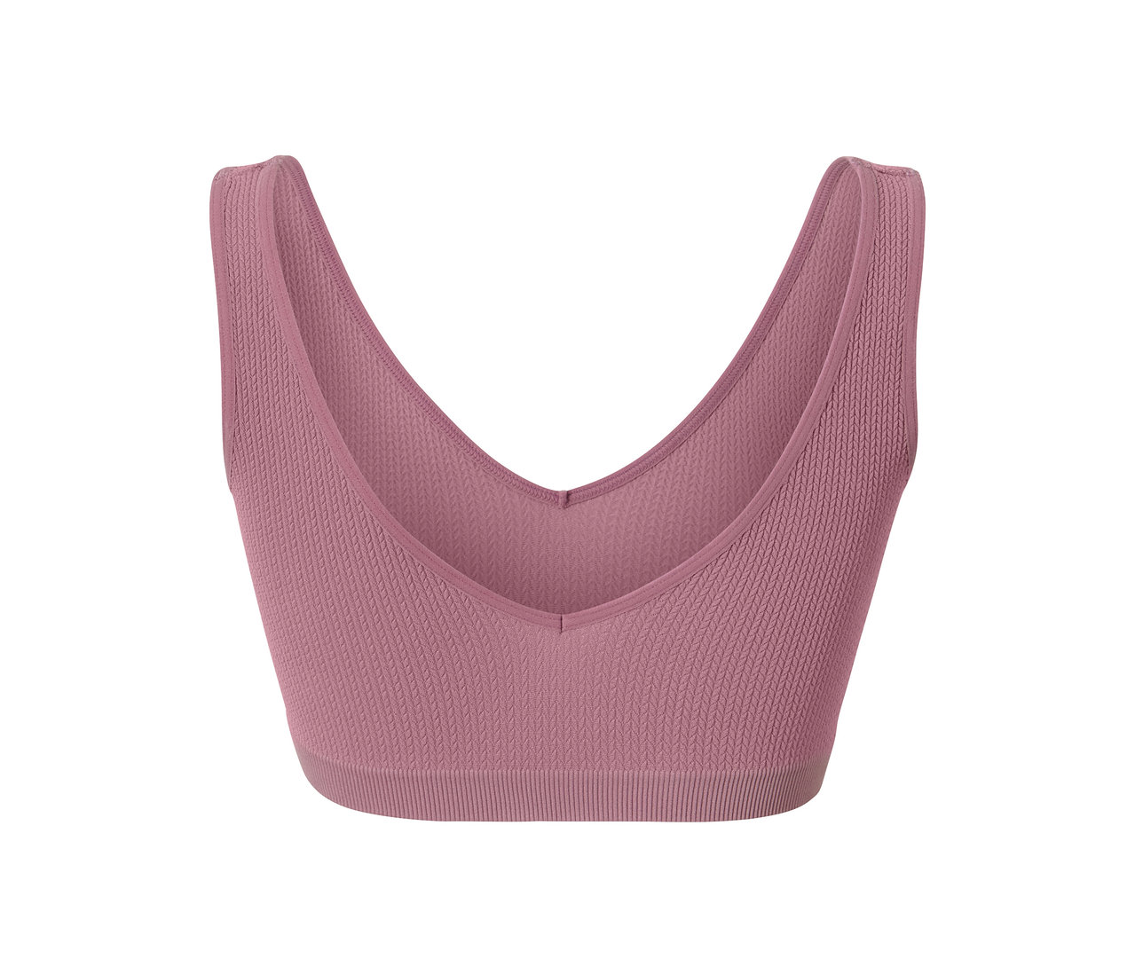 Egy mályva színű női seamless bustier melltartó részlete.