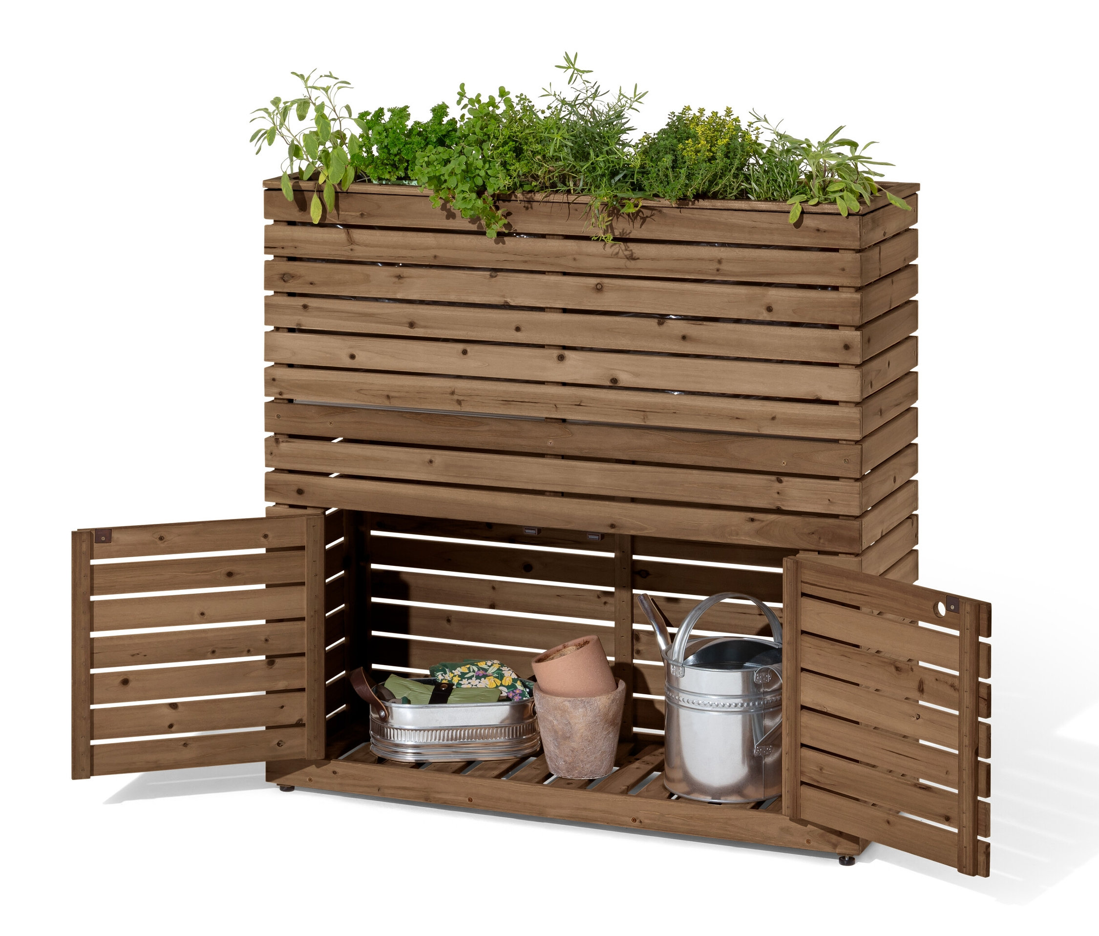 »Tinus« térelválasztó virágláda tárolószekrénnyel. Zöld növényekkel beültetve, a szekrényajtók nyitva, benne egy ezüst színű locsolókanna.