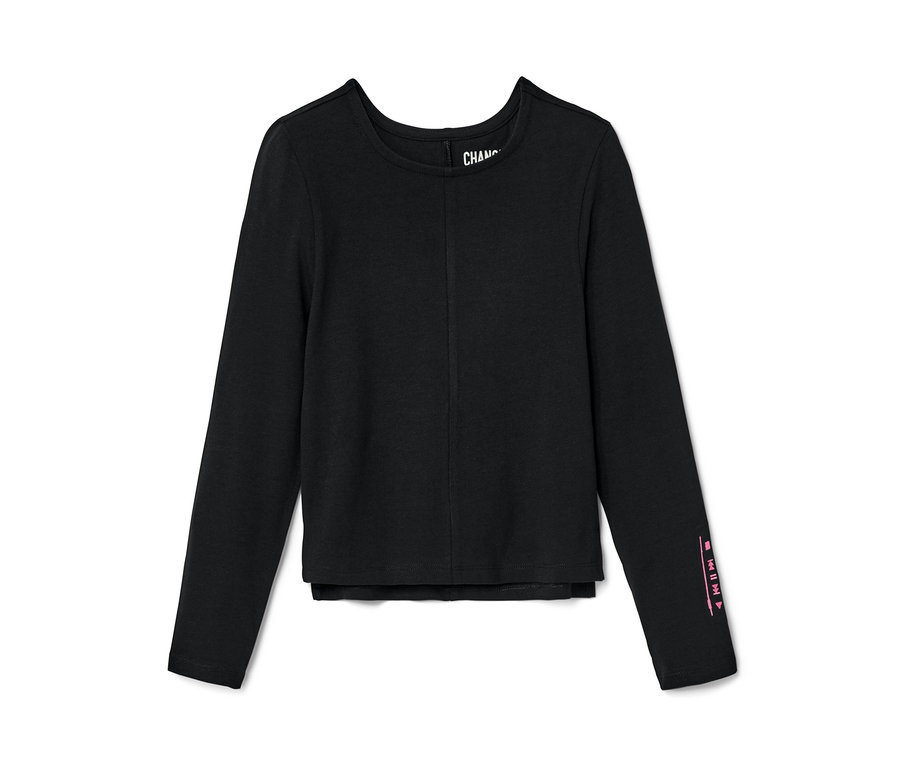 Fekete hosszú ujjú gyerek felső fekszik fehér háttér előtt.