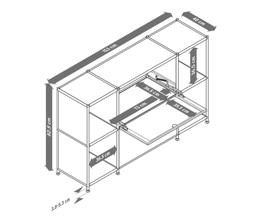 A »CN3« polcos komód méretei 2 lenyitható ajtóval.
