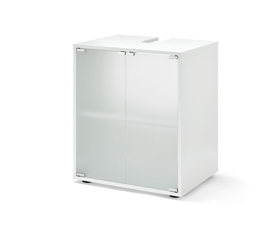 Fehér mosdó alatti szekrény, 2 üvegajtóval.