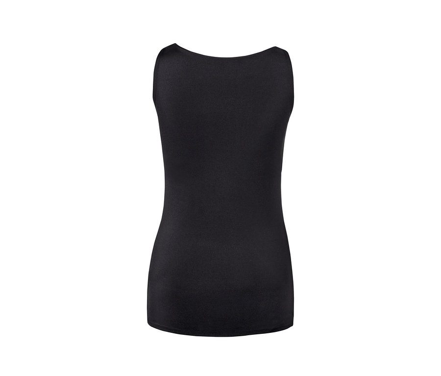 Részletes kép egy fekete, beépített melltartós sporttop hátulról.