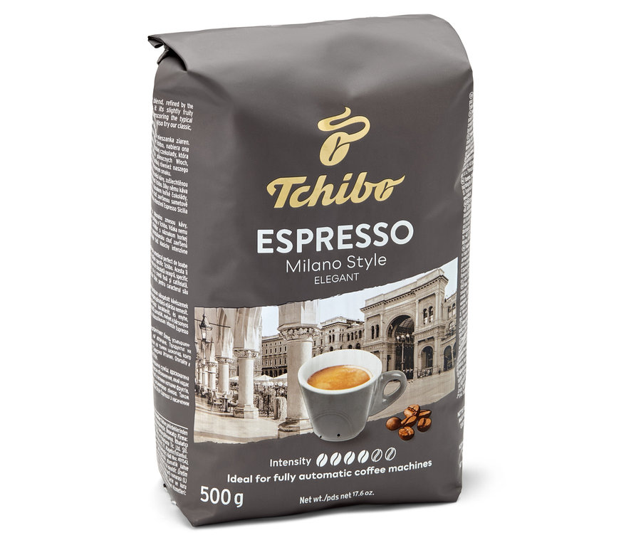 Egy csomag Tchibo Espresso Milano Style - 500g szemes, pörkölt kávé.