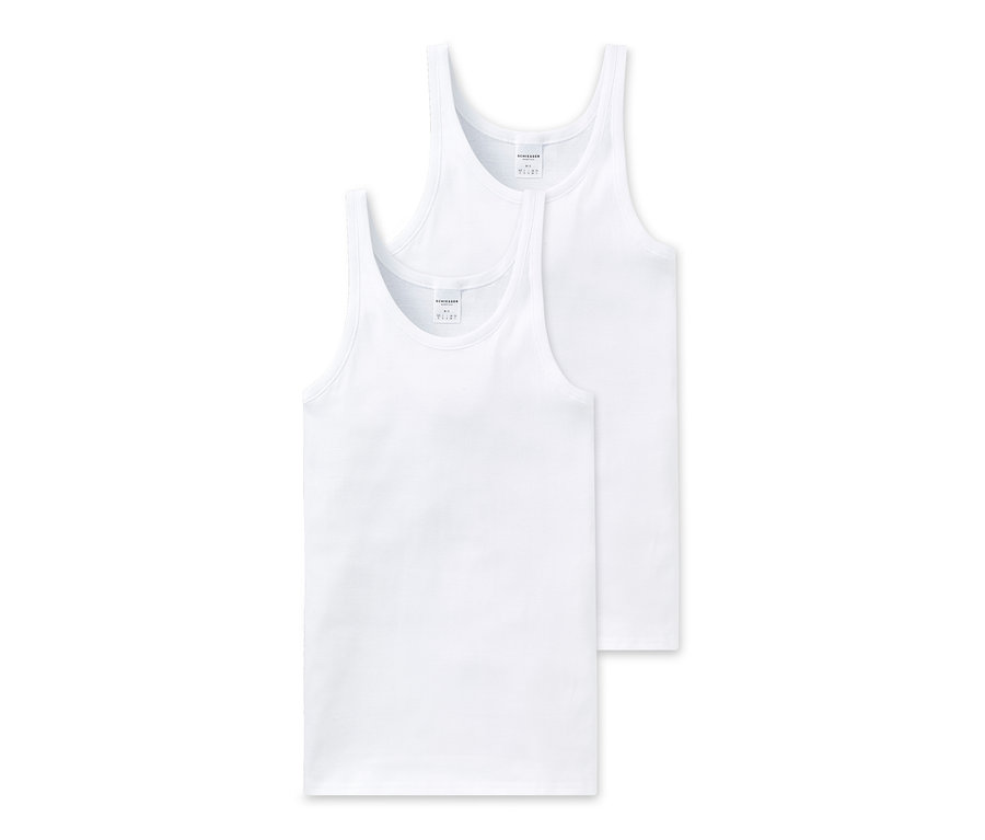 Két fehér, finoman bordázott SCHIESSER trikó egymáson.
