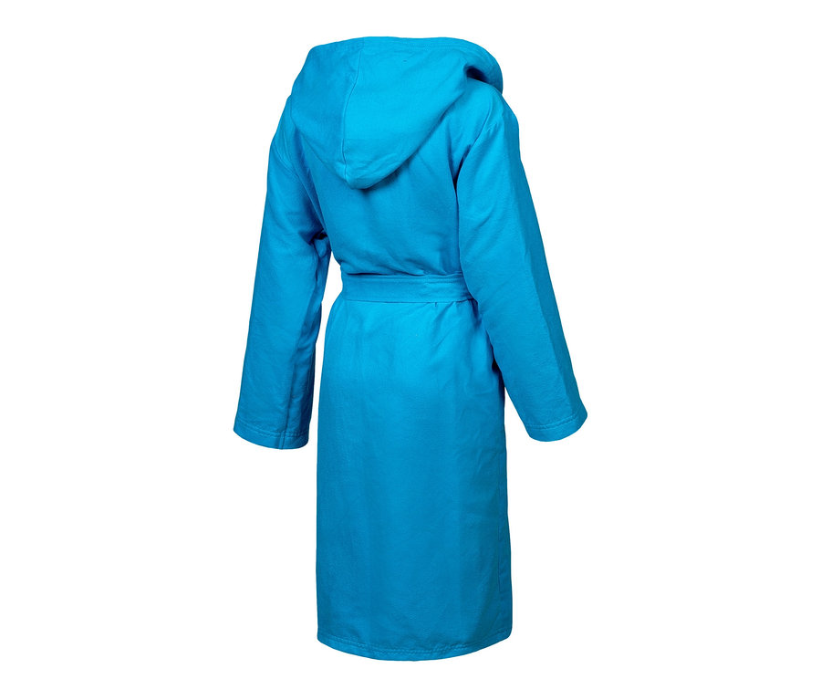 Hátulról látható a kék arena márkájú Zeal mikroszálas fürdőköpeny gyerekeknek.