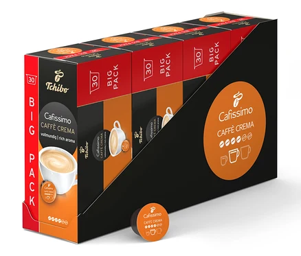Egy csomag Cafissimo Caffè Crema kapszula látható. A csomagolás fekete, narancssárga elemekkel.