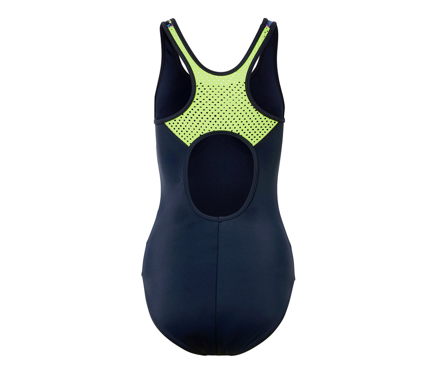 Sötétkék sport fürdőruha neonzöld hálós hátrésszel.
