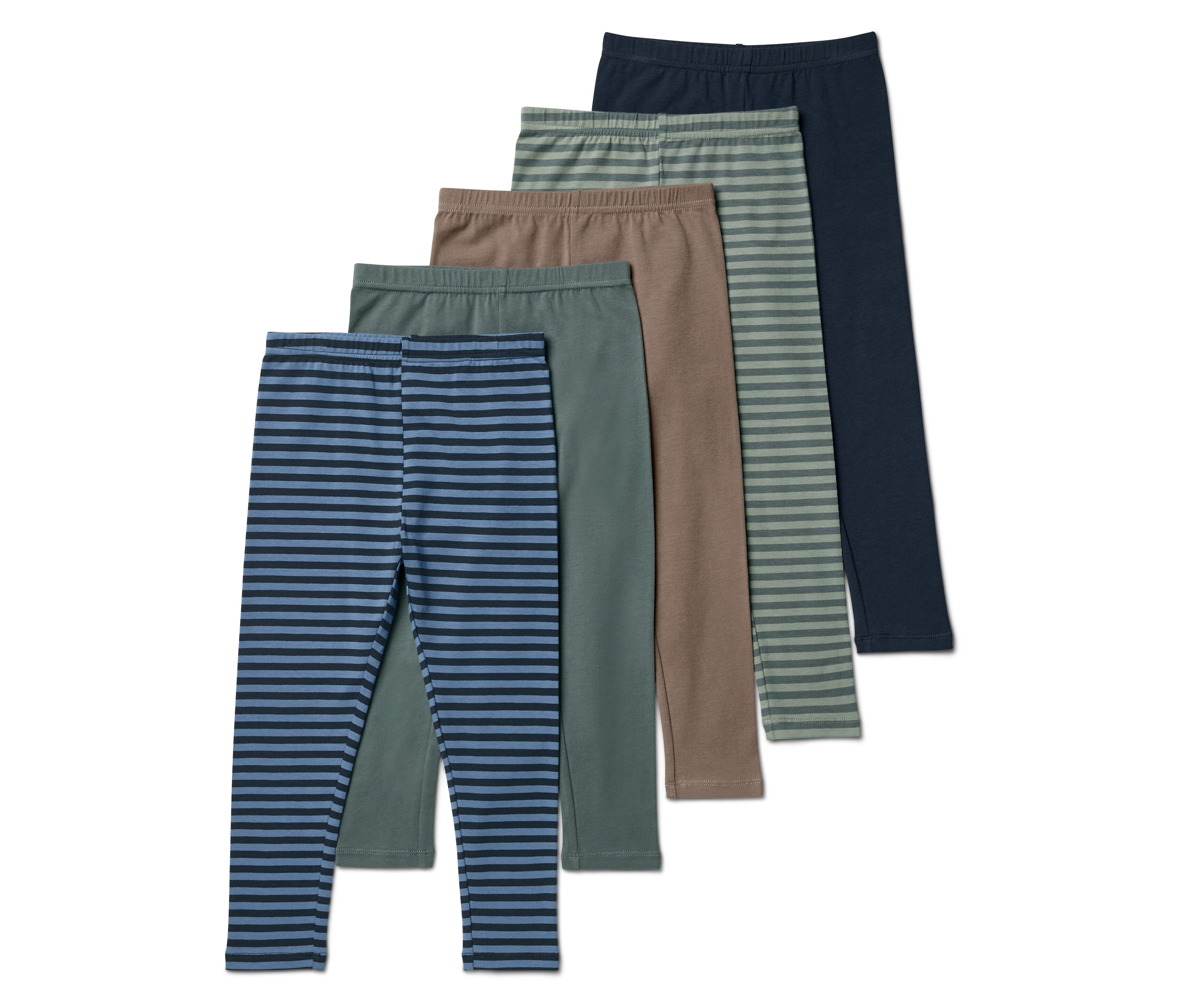 Öt különböző színű és mintázatú leggings egymás mellett fekszik egy fehér háttéren.