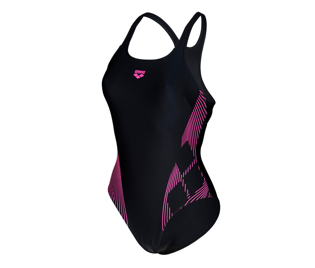 Fekete arena Feel Lily Swim Pro Back Bustier női fürdőruha rózsaszín részletekkel.