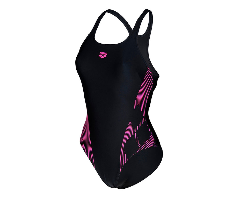 Fekete arena Feel Lily Swim Pro Back Bustier női fürdőruha rózsaszín részletekkel.