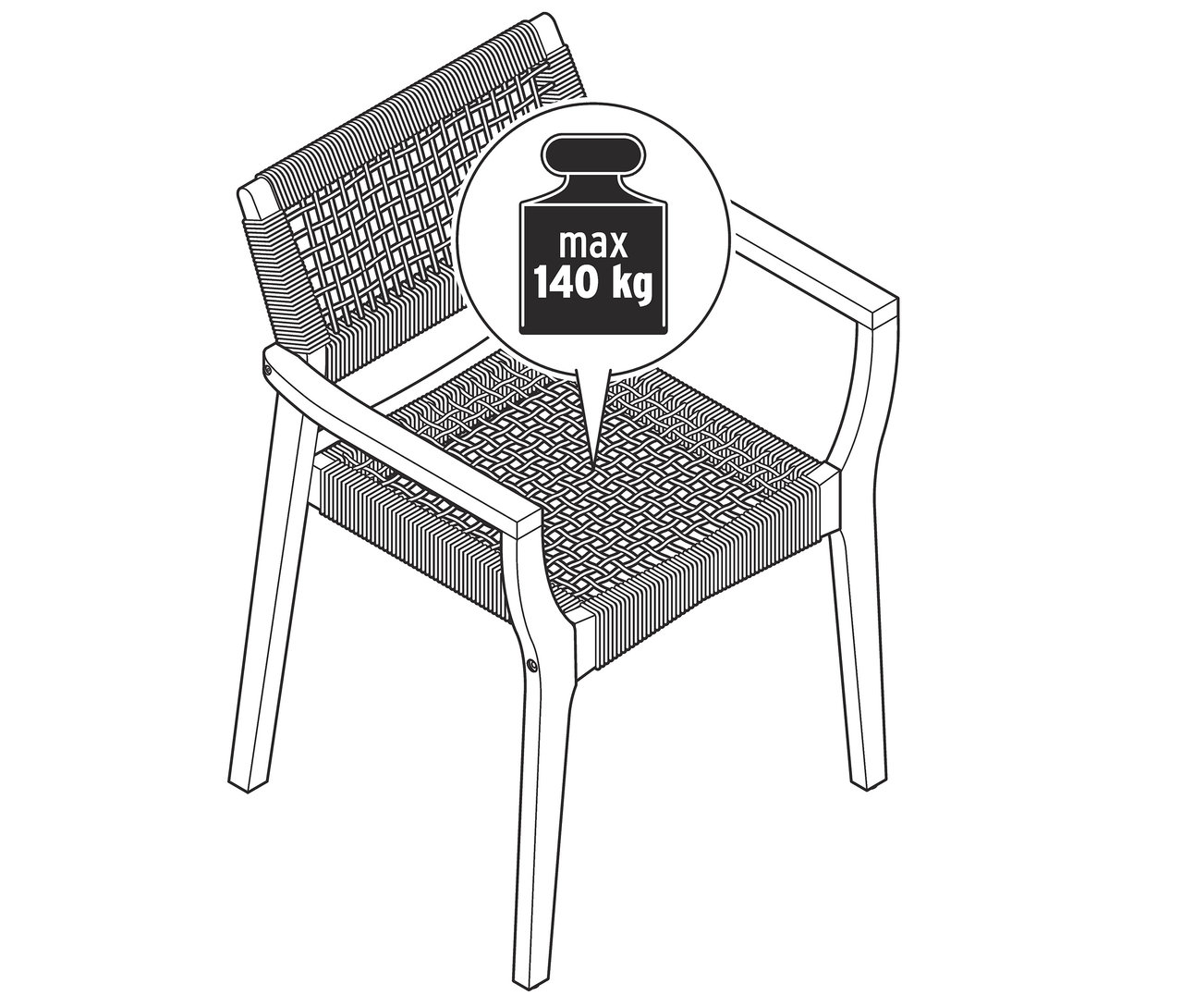 Egy egymásra rakható, textilhálós étkezőszék illusztrációja, maximális terhelhetősége 140 kg.