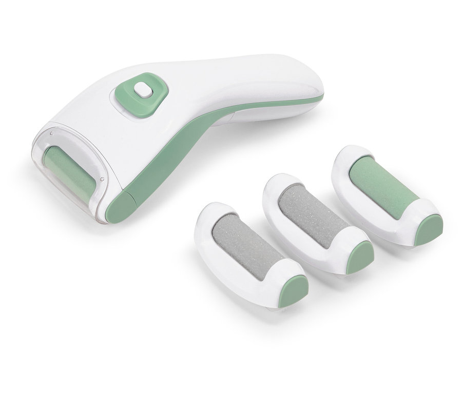 Elektromos bőrkeményedés eltávolító fehér és zöld színben, három további görgővel.