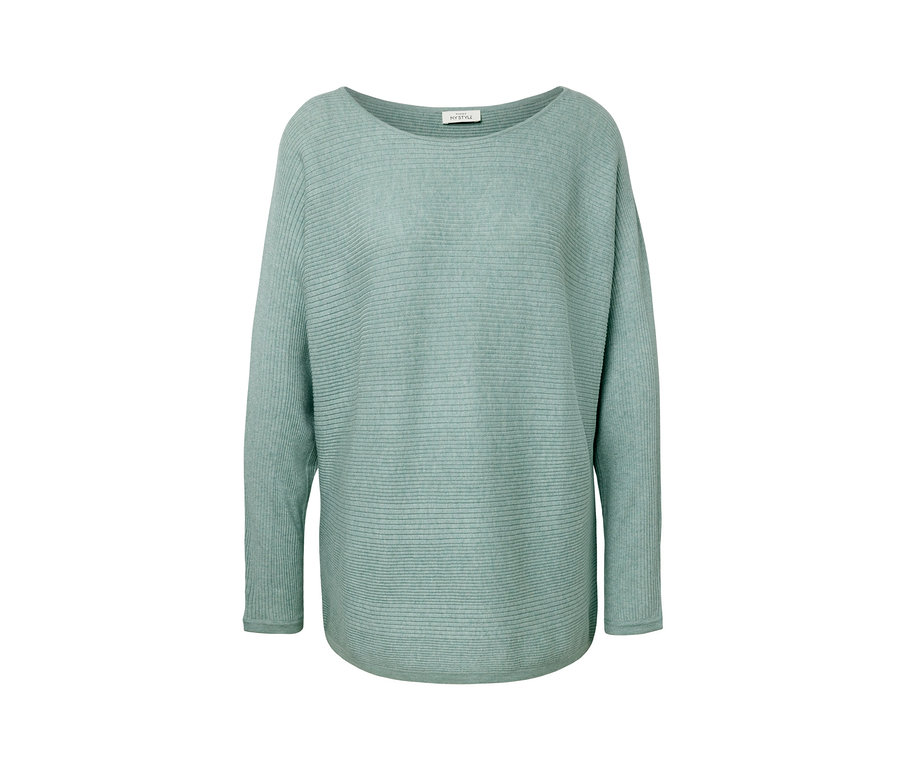 Zöld, finom kötésű pulóver.