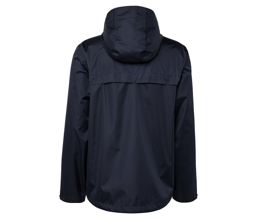 Sötétkék kapucnis kabát hátulról.