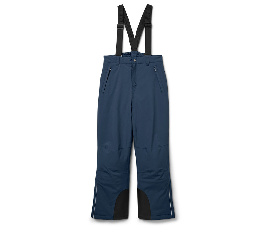 Kék sí nadrág fekete megerősítésekkel a lábszárak alján és nadrágtartókkal.