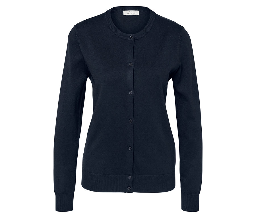 Tengerészkék, gombos, kerek nyakú kardigán.
