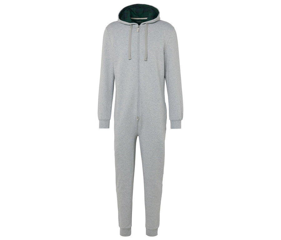 Szürke kapucnis overall zöld kapucnibéléssel.