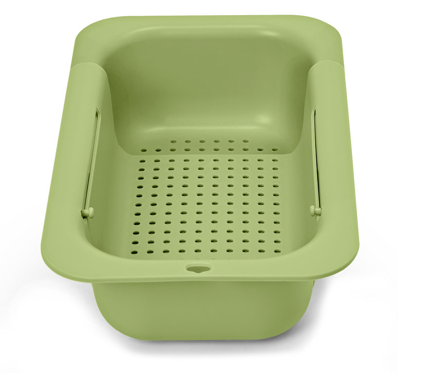 Zöld műanyag edény lyukacsos aljal és kihúzható fogantyúkkal.