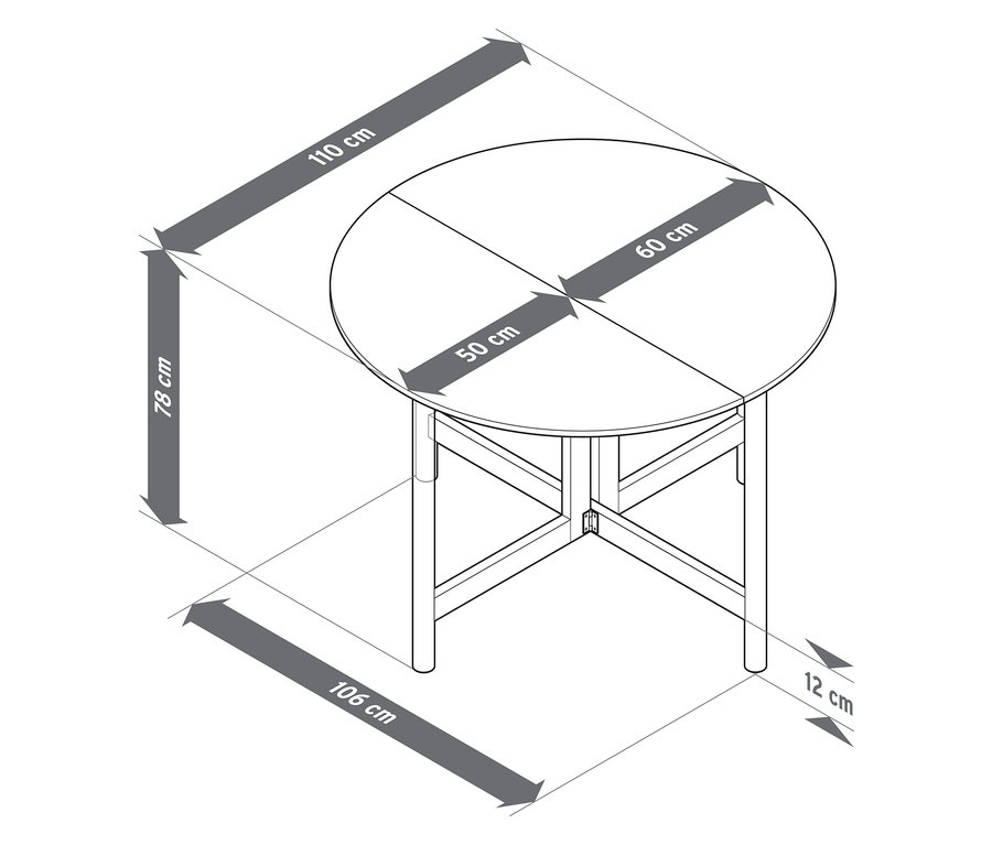 Felülnézet egy kerek asztalról, méretekkel: 110 cm hosszú, 78 cm magas, asztallap 50 x 60 cm, 106 cm széles és 12 cm távolság.