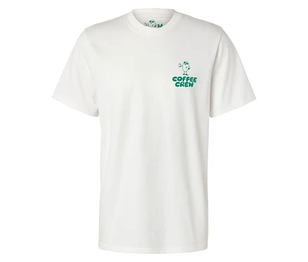 Fehér, unisex Coffee Crew póló kis, zöld nyomtatással.