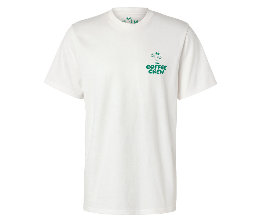 Fehér, unisex Coffee Crew póló kis, zöld nyomtatással.