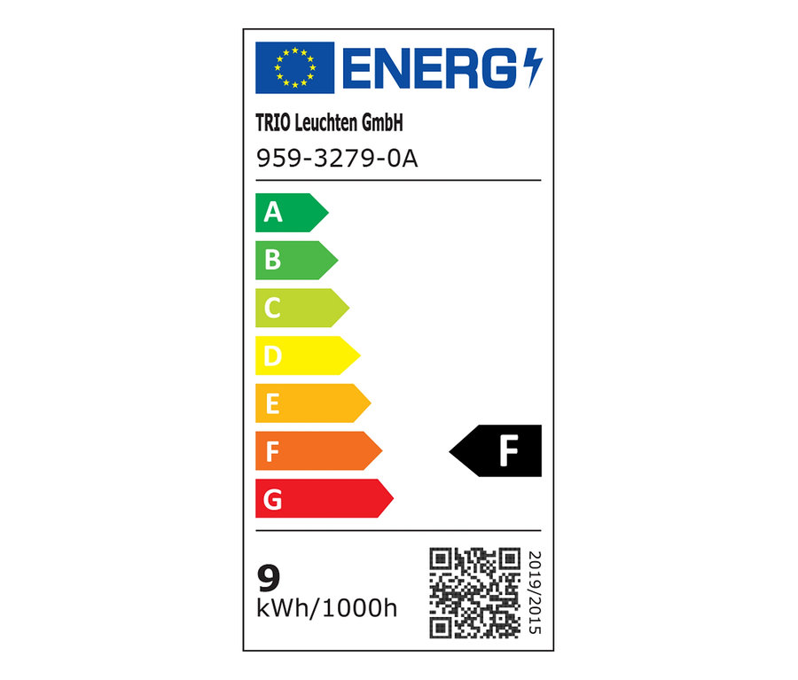 Energiacímke a TRIO Leuchten GmbH 959-3279-0A modelljéhez, F energiahatékonysági osztállyal és 9 kWh/1000 óra fogyasztással.