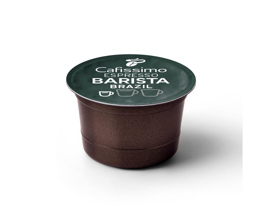 Egy barna Cafissimo BARISTA Espresso Brasil kávékapszula sötétzöld fedéllel. A fedélen fehér 'Cafissimo ESPRESSO BARISTA BRAZIL' felirat, egy Tchibo logó és három kávéscsésze ikon látható.