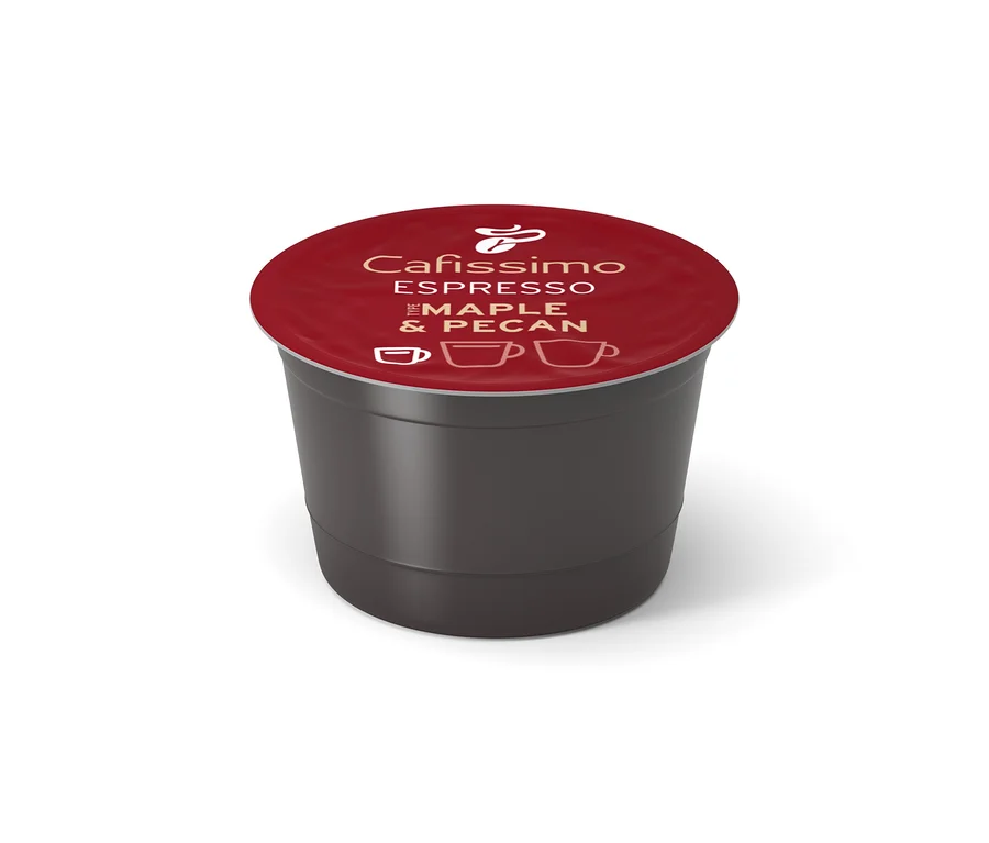 Sötétszürke Cafissimo kávékapszula piros fedéllel, amelyen az "Espresso Maple & Pecan" felirat és csésze ikonok láthatók.