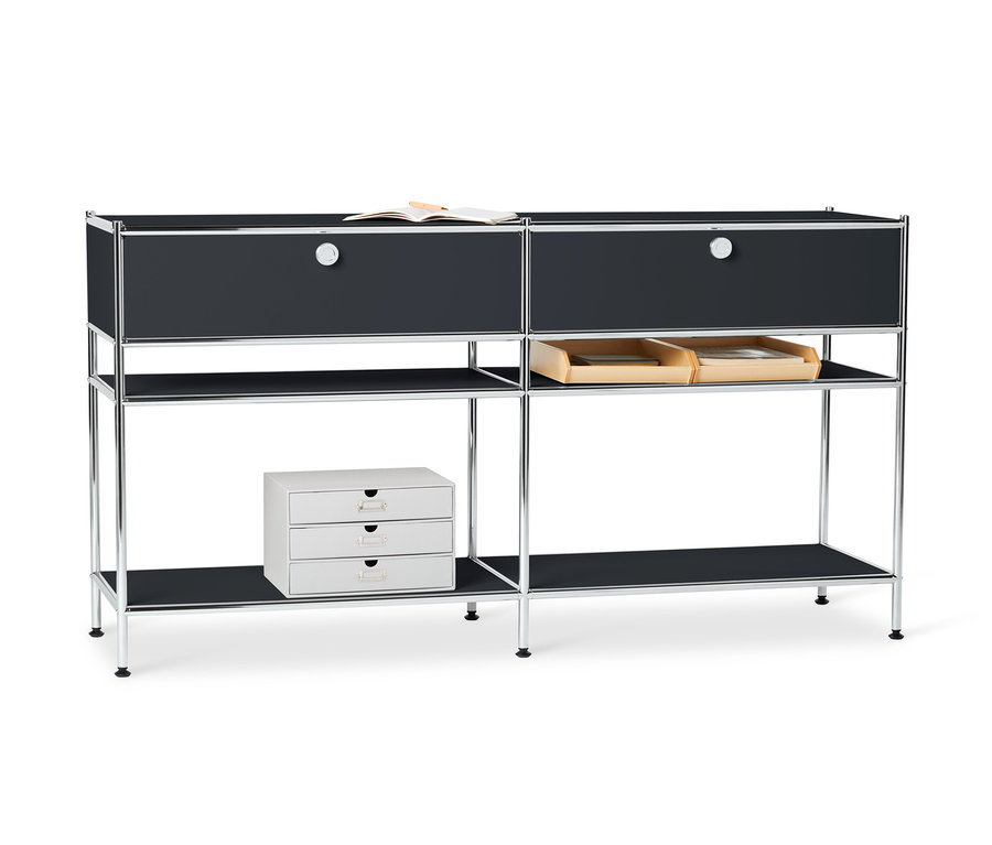 Fekete fém konzolasztal »CN3« 2 fiókkal és könyvvel a tetején.