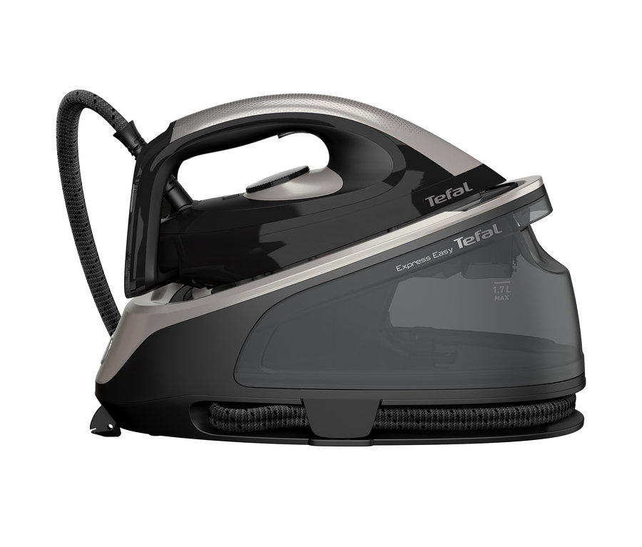Közelkép egy fekete-ezüst Tefal »Express Easy SV6140« gőzállomásról.