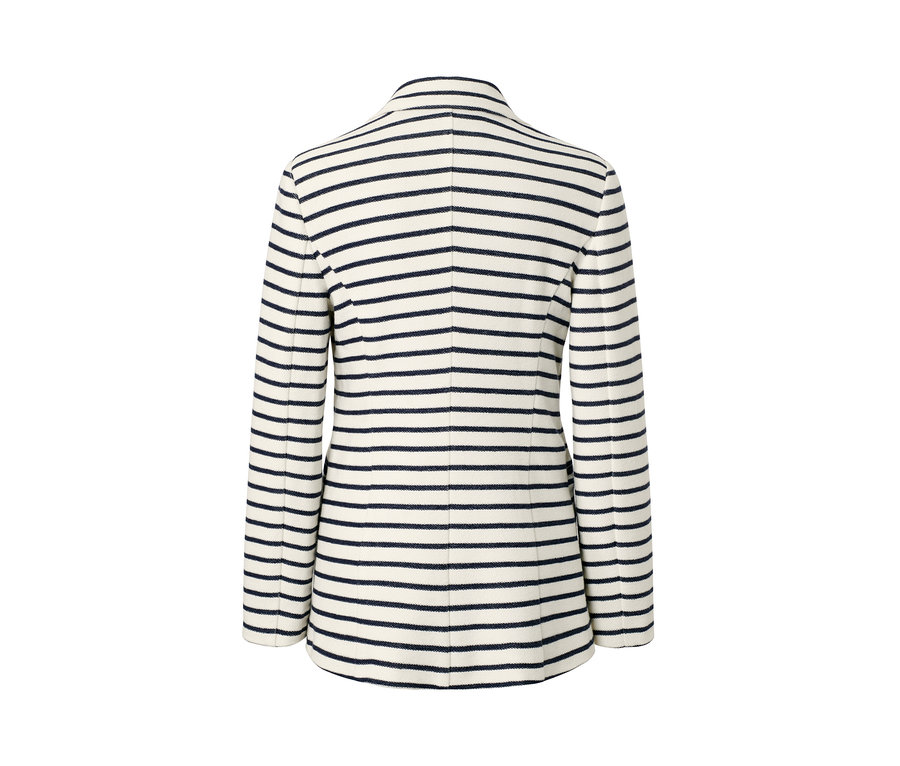 Hátulnézet a csíkos női lezser blézerről.