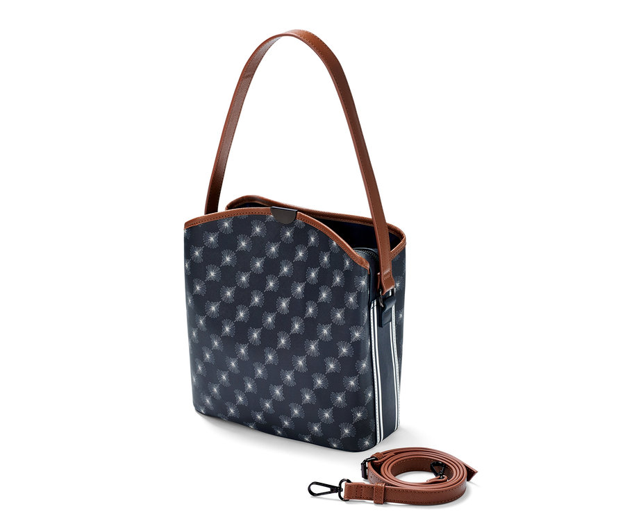 Egy sötétkék, mintás női oldal- és válltáska, műbőr, barna részletekkel.